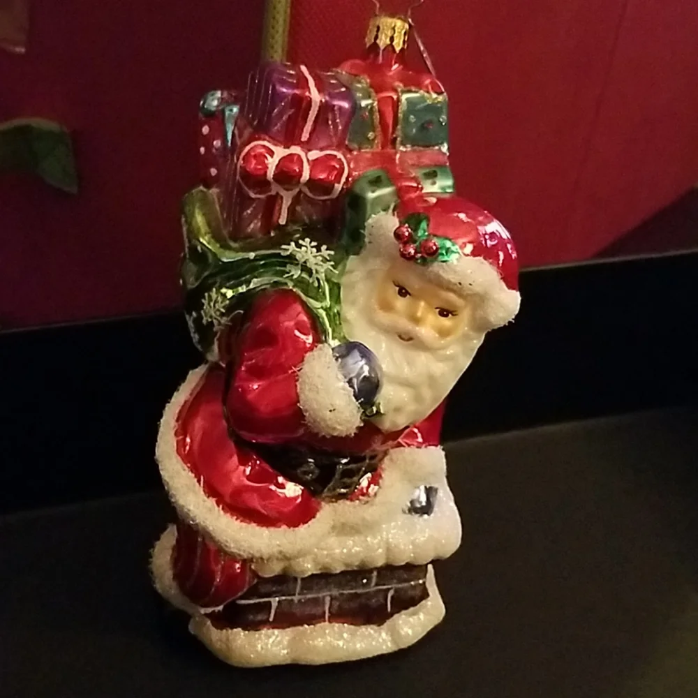 Radko Ornament Santa Claus in Chimney Delivering Presents